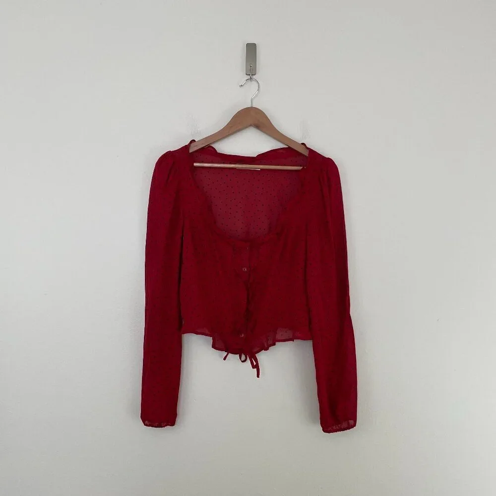 Reformation Italia Red & Black Polka Dot Ruffle Top Size 6
